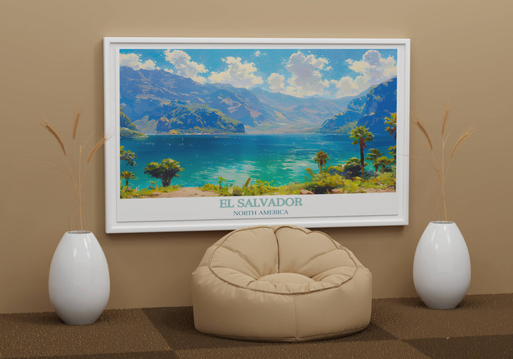 Artistic interpretation of Lake Coatepeque focusing on the contrast between the deep blue waters and the vibrant green landscape.