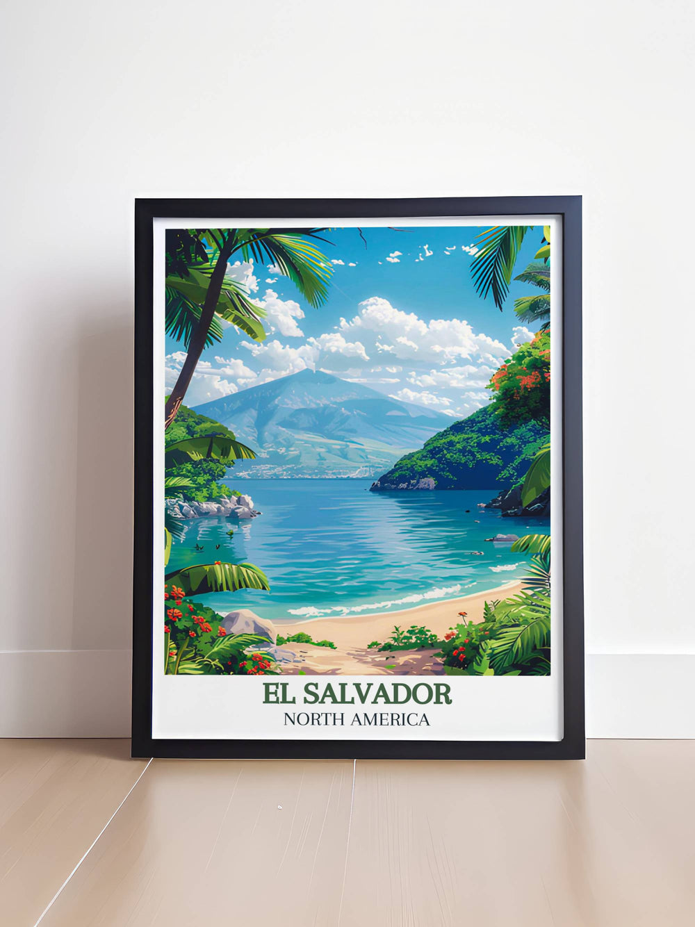 Panoramic landscape of Lake Coatepeque with clear blue waters and vibrant green hills around, reflecting in the water under sunlight.