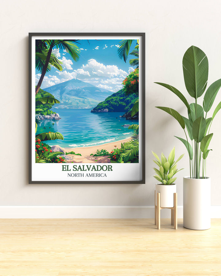 Scenic sunset over Lake Coatepeque, where the orange hues meet the calm waters and green landscapes, creating a perfect wall art subject.