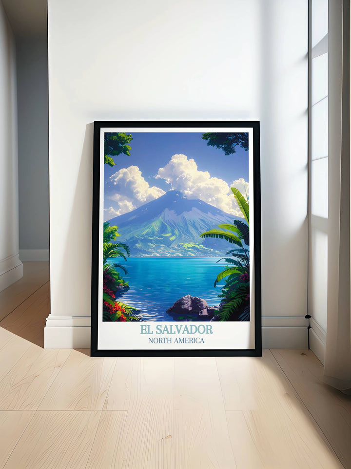  Vibrant sunrise over Lake Coatepeque with lush greenery reflected in the calm waters, perfect for a tranquil home art piece.