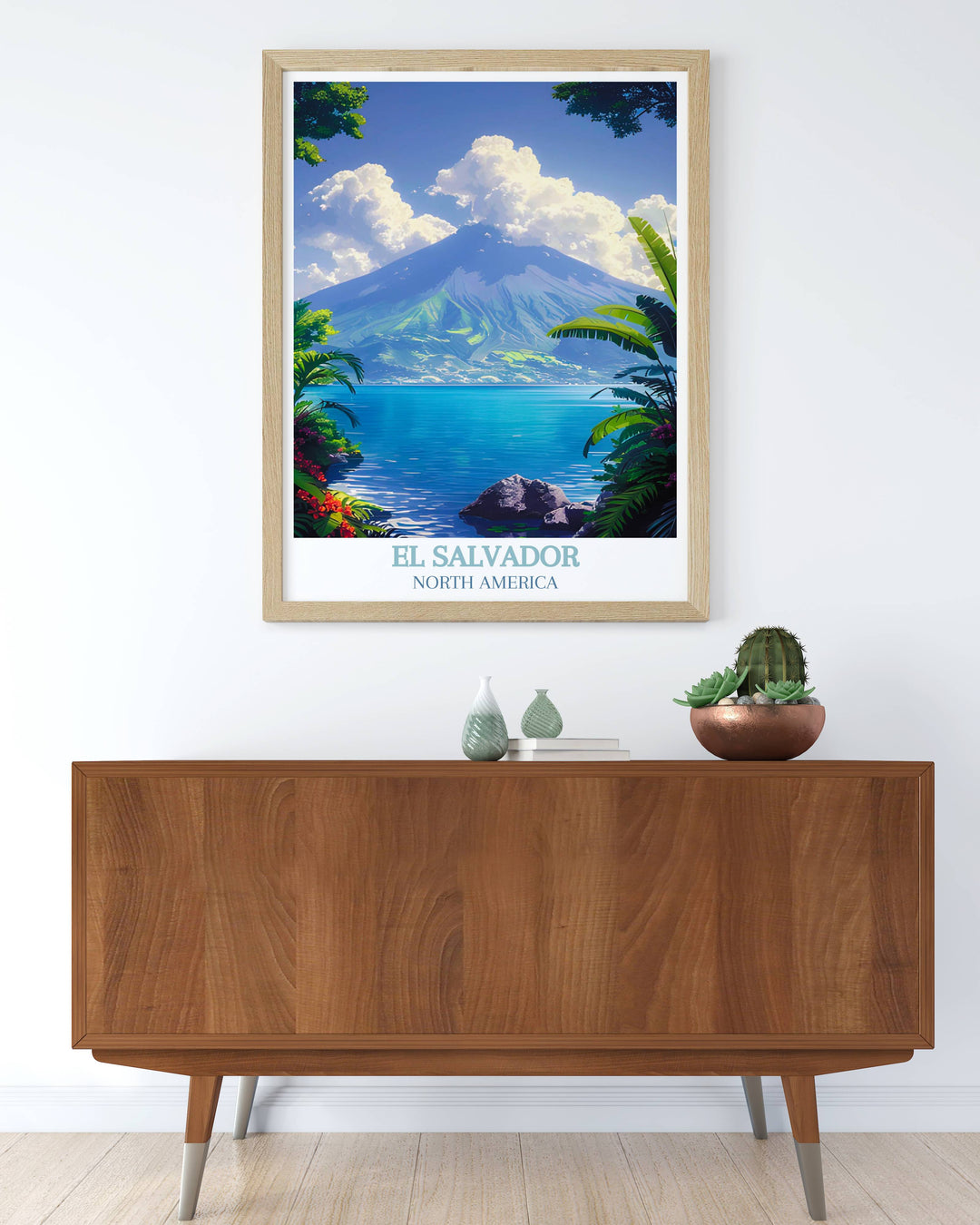 Tranquil waters of Lake Coatepeque under a clear blue sky, framed by green hills, captured in a stunning wall print.