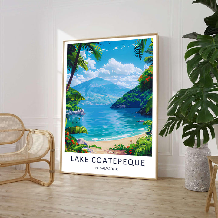 Crystalline turquoise crater lake waters frame a towering volcano peak in this Lake Coatepeque poster depicting El Salvador. Available as a gallery canvas print, black framed display, or unframed paper poster.