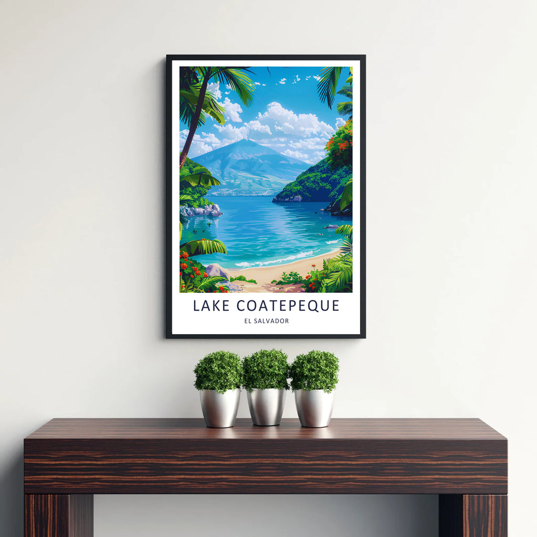 Graphic vector art highlights clear turquoise shallows and vibrant tropical flowers in this El Salvador poster created for travel lovers. Offered as an unframed poster, wood framed art piece, or gallery canvas setup.