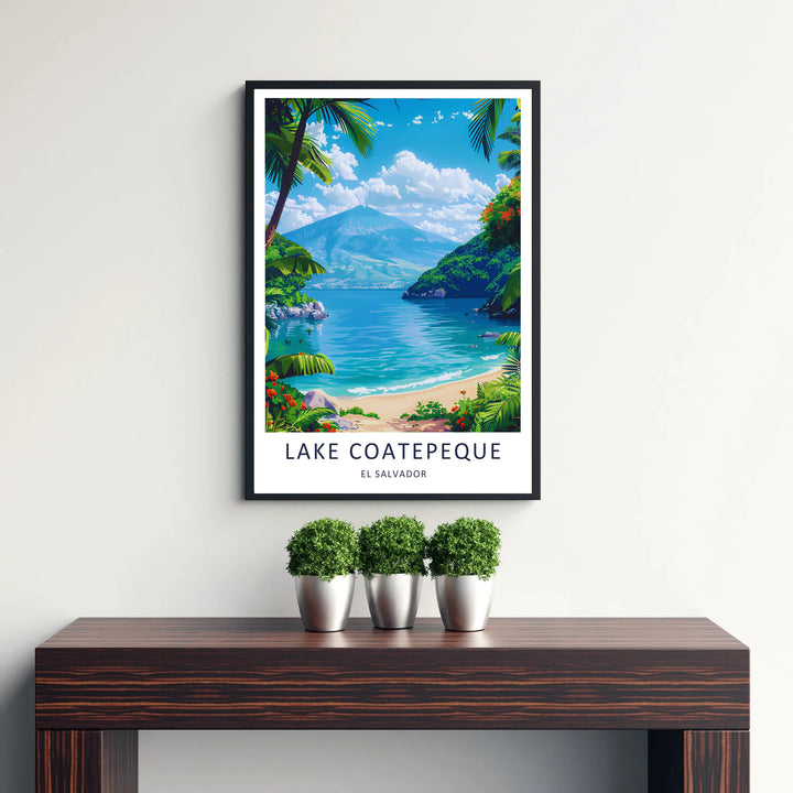 Graphic vector art highlights clear turquoise shallows and vibrant tropical flowers in this El Salvador poster created for travel lovers. Offered as an unframed poster, wood framed art piece, or gallery canvas setup.
