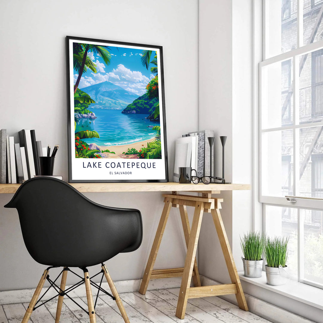 Graphic vector art highlights clear turquoise shallows and vibrant tropical flowers in this El Salvador poster created for travel lovers. Offered as an unframed poster, wood framed art piece, or gallery canvas setup.