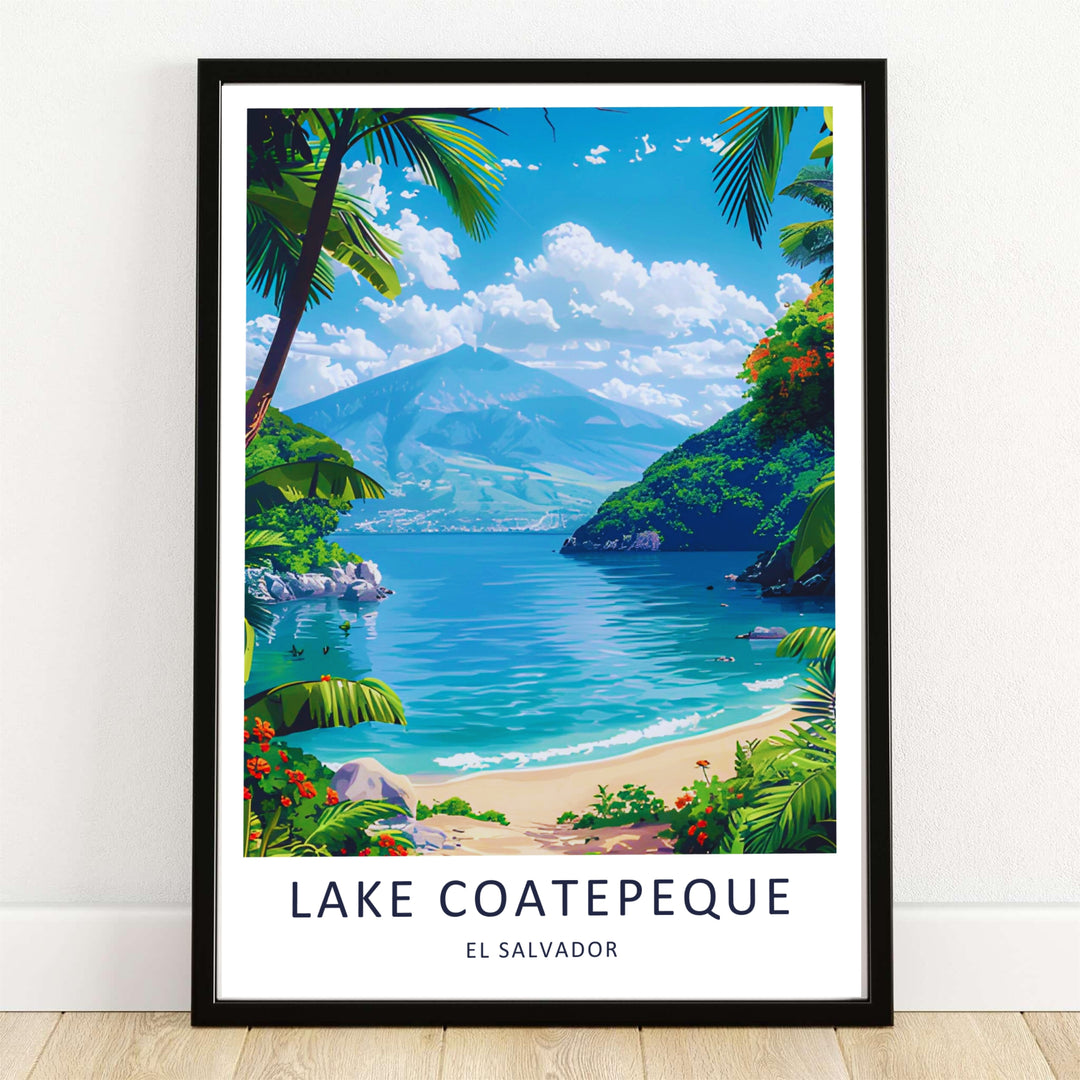 Serene tropical Central American landscape vibes radiate from this El Salvador wall art illustrating Lake Coatepeque and surrounding volcanoes. Decorate with a canvas print, white frame, or unframed paper poster.