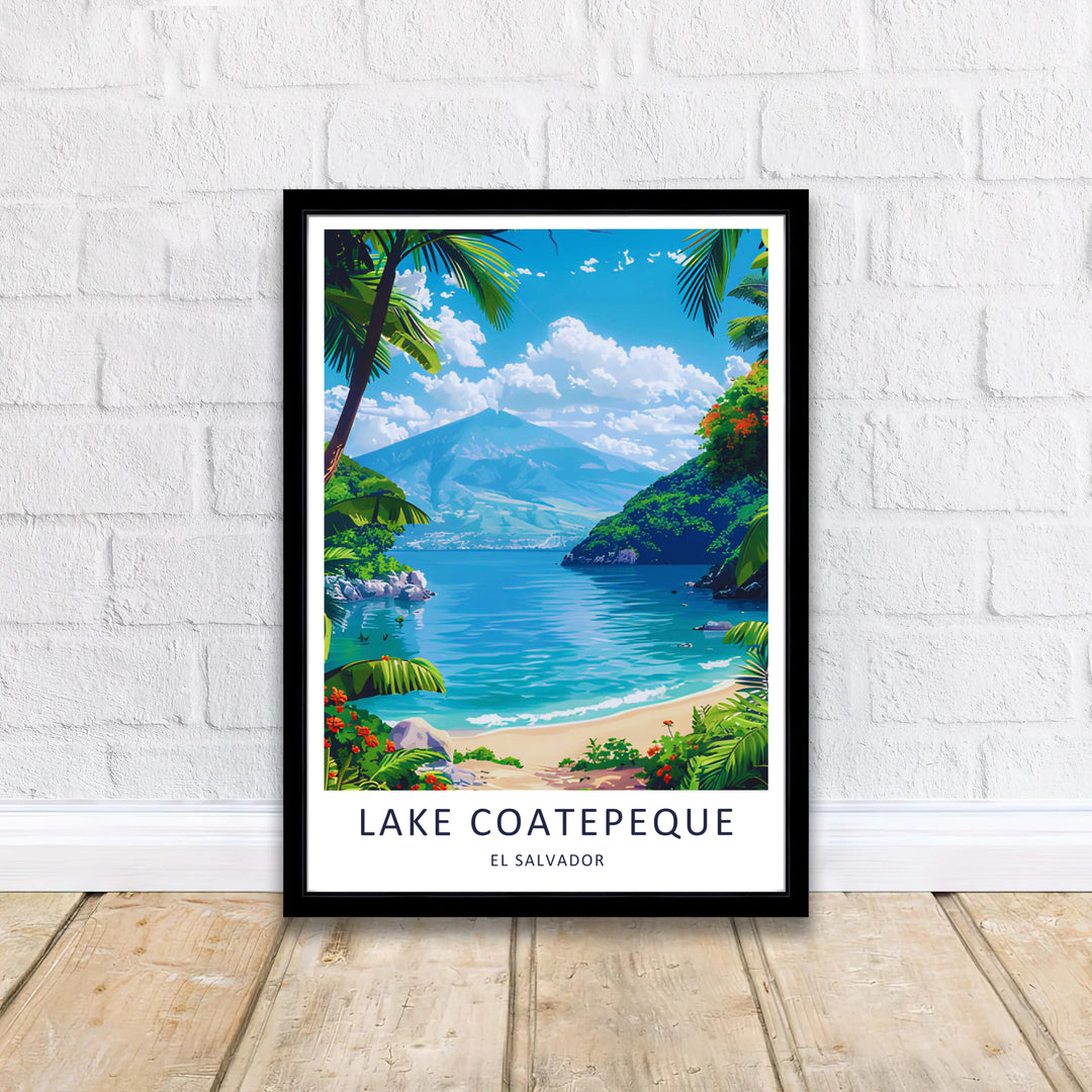 Soft cloud formations and clear turquoise crater lake reflections create a paradise feel in this Lake Coatepeque poster set in El Salvador. Upgrade your space with a canvas print, framed art, or unframed poster.