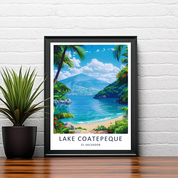 Majestic Central American crater lake beauty shines in this El Salvador print celebrating tropical nature and vacation memories. Offered in options including an unframed art poster, wood framed print, or canvas.