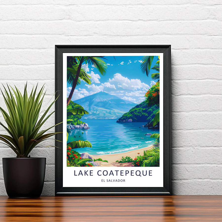 Majestic Central American crater lake beauty shines in this El Salvador print celebrating tropical nature and vacation memories. Offered in options including an unframed art poster, wood framed print, or canvas.