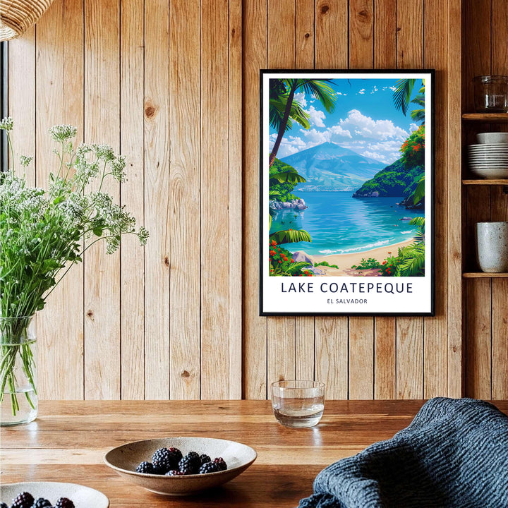 Minimalist typography reading LAKE COATEPEQUE EL SALVADOR anchors this print displaying vibrant tropical water and palm foliage. Choose your format: unframed paper print, gallery canvas, or framed display.