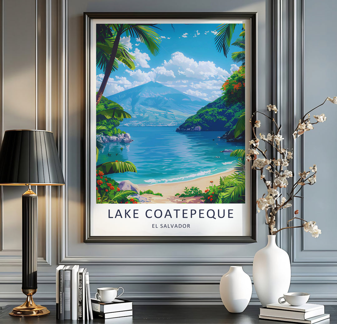 Scenic volcanic waters meet sandy lake beaches under towering mountain peaks in this Lake Coatepeque print set in Central America. Customers can select a stretched canvas print, dark wood frame, or unframed paper print.