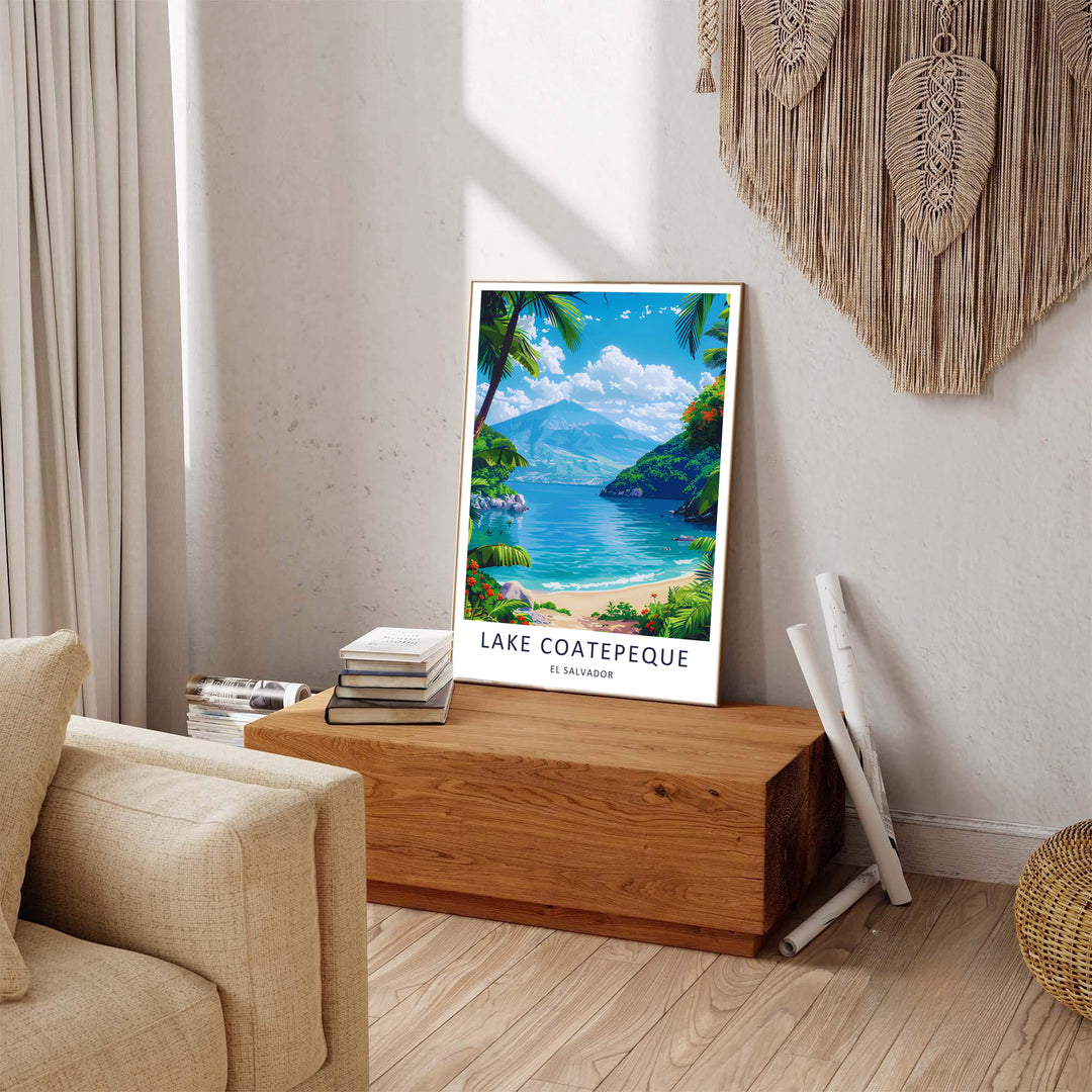 An expansive tropical volcanic lake perspective makes this Lake Coatepeque poster a breathtaking focal point for beach house or living room decor. Available as gallery canvas, framed art, or unframed poster print.