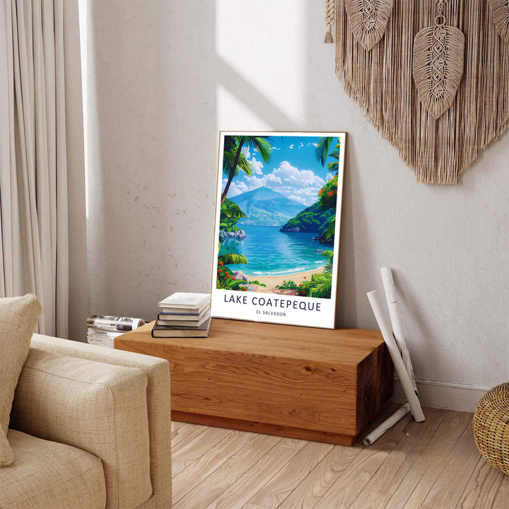 An expansive tropical volcanic lake perspective makes this Lake Coatepeque poster a breathtaking focal point for beach house or living room decor. Available as gallery canvas, framed art, or unframed poster print.