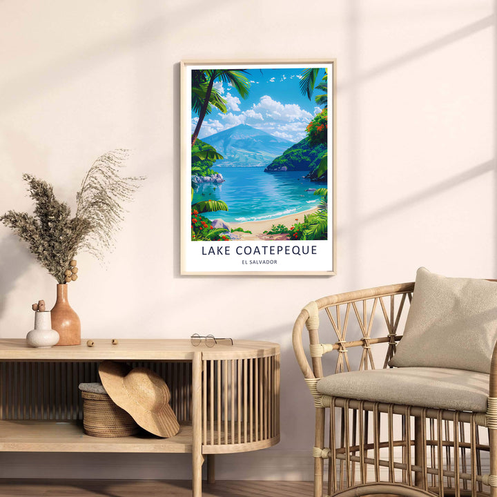Rich natural foliage textures and calm volcanic water reflections elevate this Lake Coatepeque print design by MapYourDreams featuring El Salvador. Buyers can choose an unframed poster, framed display, or canvas.