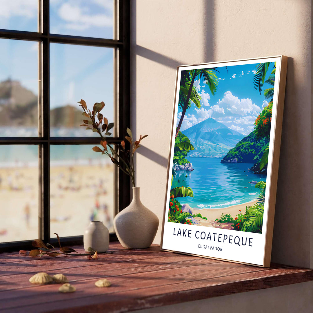 Expressive vector shading captures tropical coastal foliage, calm volcanic lake reflections, and cloud-filled skies in this El Salvador wall art design celebrating Lake Coatepeque. Order as canvas, framed, or poster.