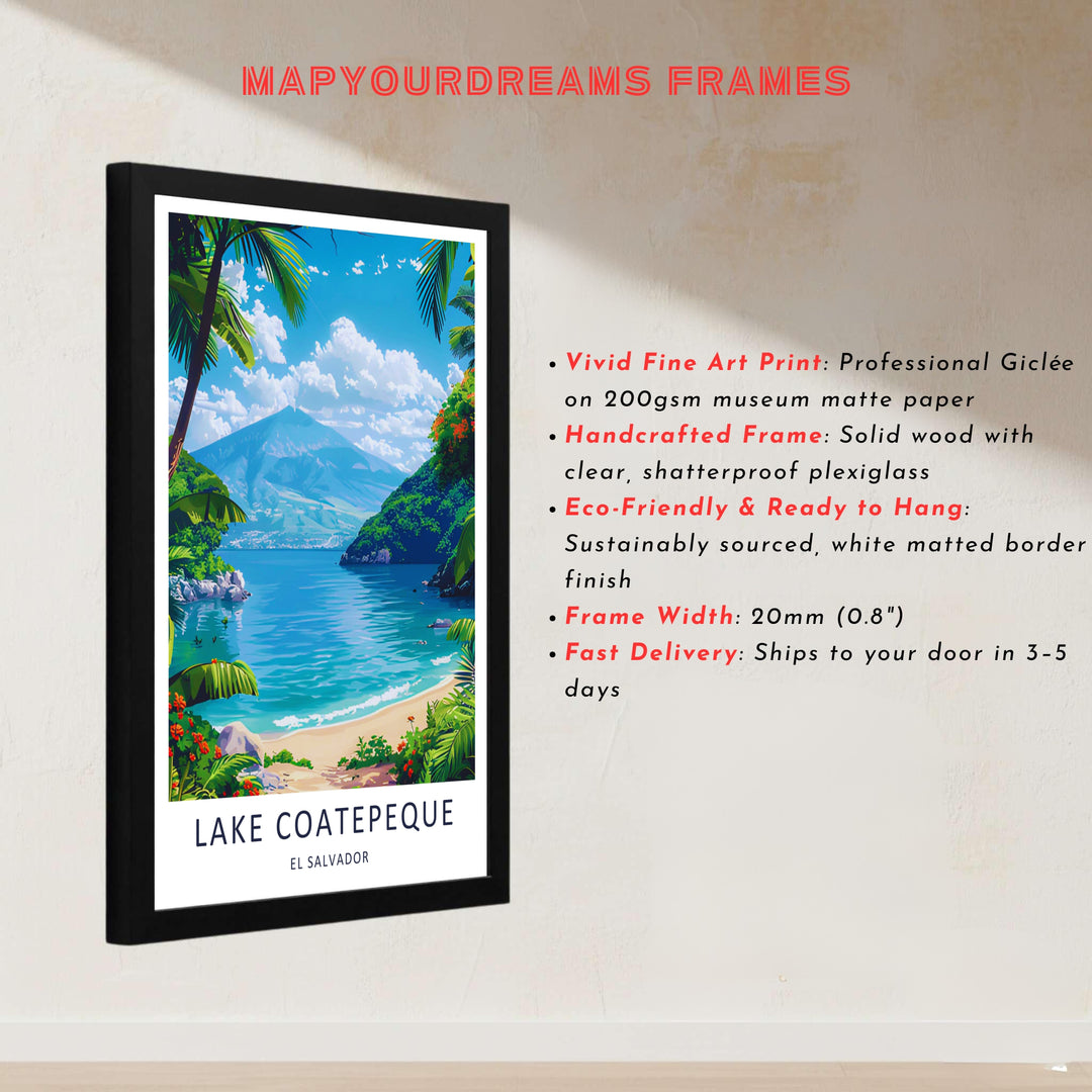 Fluffy white cumulus clouds drift over a towering blue volcano peak and turquoise lake in this El Salvador poster created for nature lovers. Order your piece on stretched canvas, unframed, or framed display.