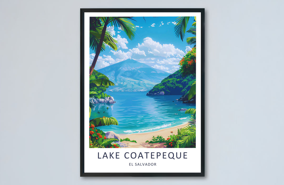 Framing palm trees line the quiet sandy shores of a tropical crater lake in this Lake Coatepeque print set in El Salvador. Custom options include an unframed art poster, dark wood frame, or stretched canvas format.