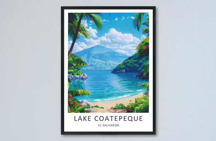 Framing palm trees line the quiet sandy shores of a tropical crater lake in this Lake Coatepeque print set in El Salvador. Custom options include an unframed art poster, dark wood frame, or stretched canvas format.