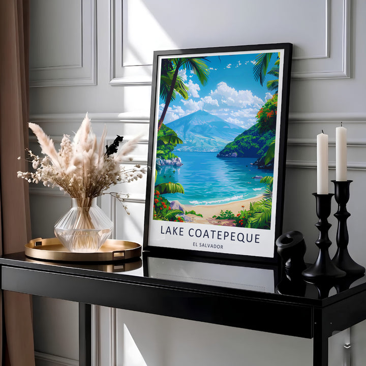 Lush green palm fronds and vibrant tropical red blossoms accent sandy lake shorelines in this El Salvador print by MapYourDreams. Offered as an unframed travel print, gallery wrapped canvas, or sleek framed setup.