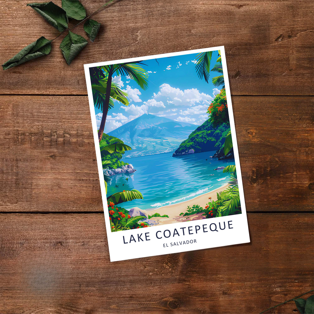 Vibrant turquoise waters and vast volcanic mountain horizon views bring this El Salvador wall art to life, showcasing Lake Coatepeque. Select from an unframed poster, wrapped gallery canvas, or framed display.