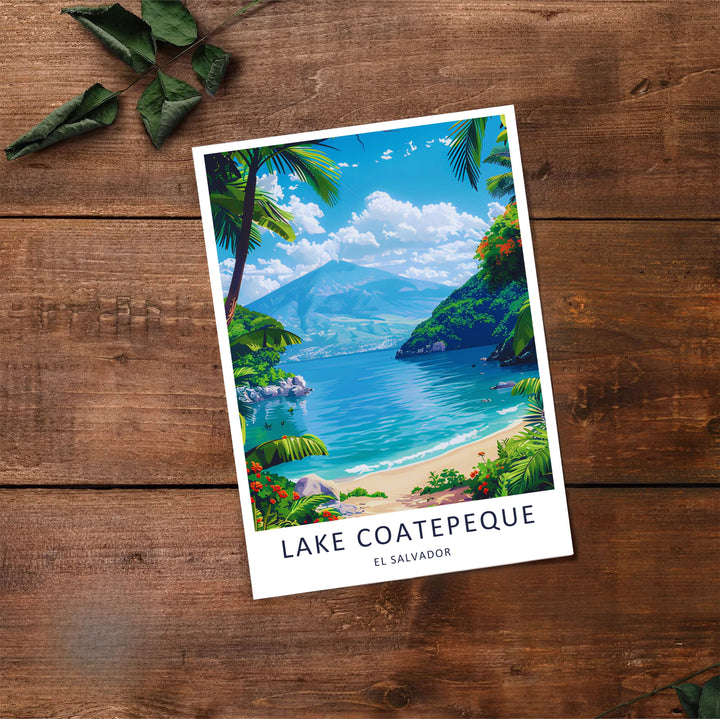Vibrant turquoise waters and vast volcanic mountain horizon views bring this El Salvador wall art to life, showcasing Lake Coatepeque. Select from an unframed poster, wrapped gallery canvas, or framed display.
