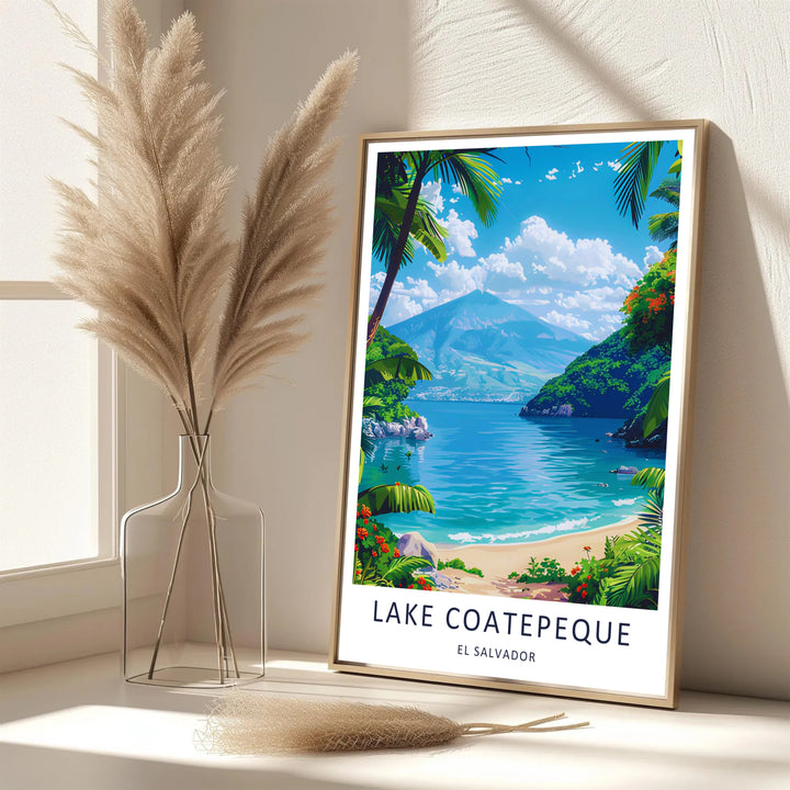 Bright tropical sunlight illuminates the volcanic crater lake, turquoise bay, and surrounding greenery in this detailed El Salvador print highlighting Lake Coatepeque. Sold as canvas print, unframed poster, or frame.