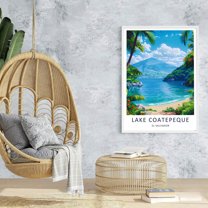 Sweeping views across tropical palm trees, sandy beaches, and distant volcanic peaks create a peaceful mood in this Lake Coatepeque poster made for home decor. Offered in unframed, gallery canvas, or framed formats.