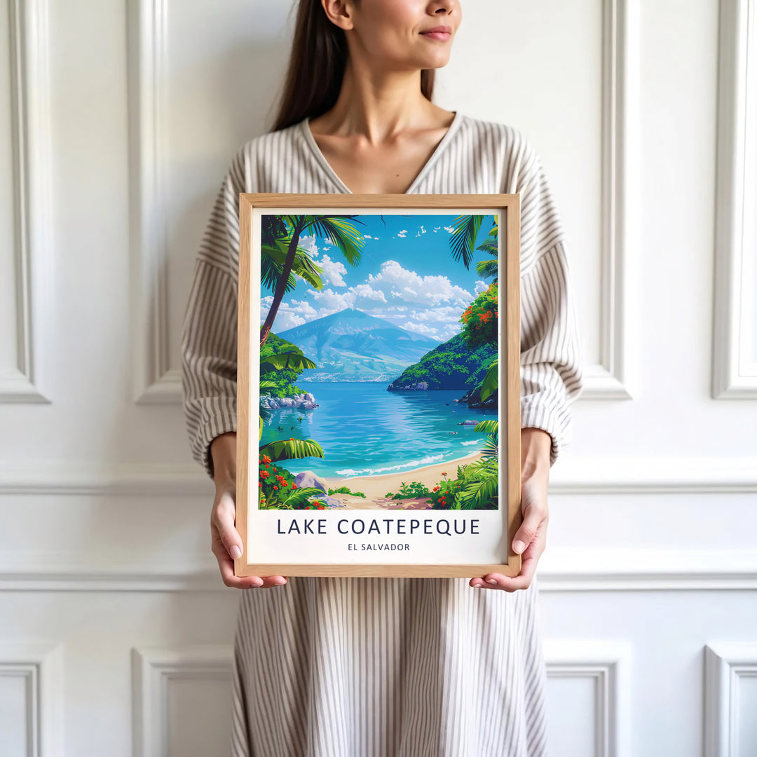 Famous volcanic crater waters and tropical beach coves highlight this El Salvador travel poster featuring Lake Coatepeque. Available for purchase as an unframed print, wrapped gallery canvas, or framed setup.