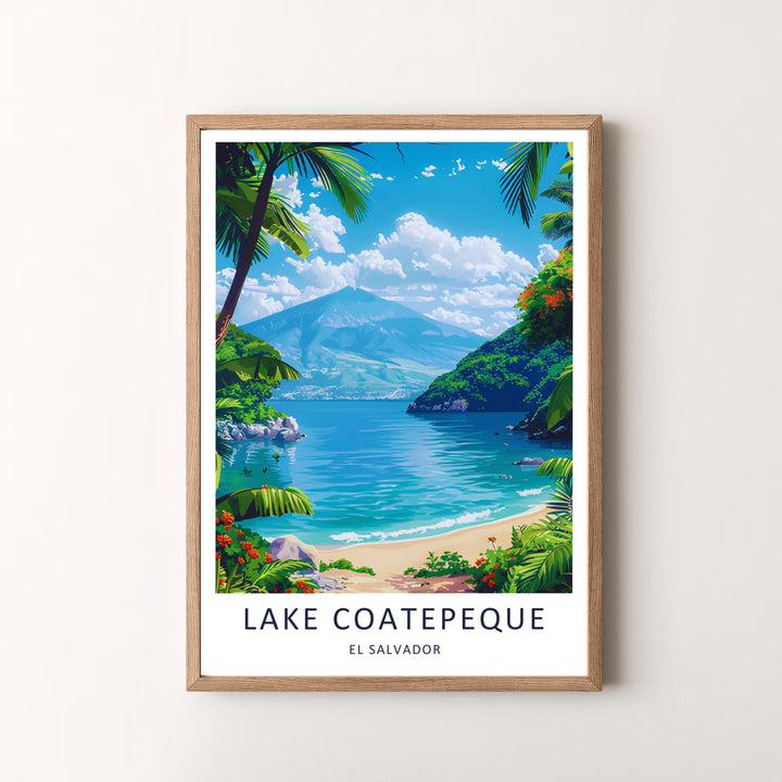Radiant emerald green foliage and deep ocean blue lake waters define this El Salvador print celebrating Lake Coatepeque&