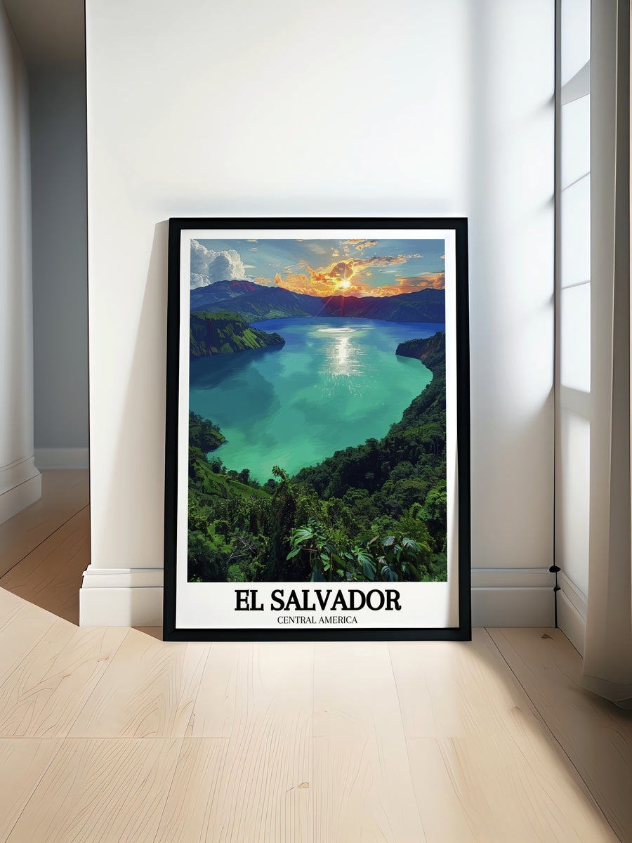 Lake Coatepeques serene waters and breathtaking views come to life in this El Salvador canvas art. The travel print captures the tranquility of this volcanic lake, offering a beautiful piece of artwork that reflects the unique beauty of El Salvador and Central America.