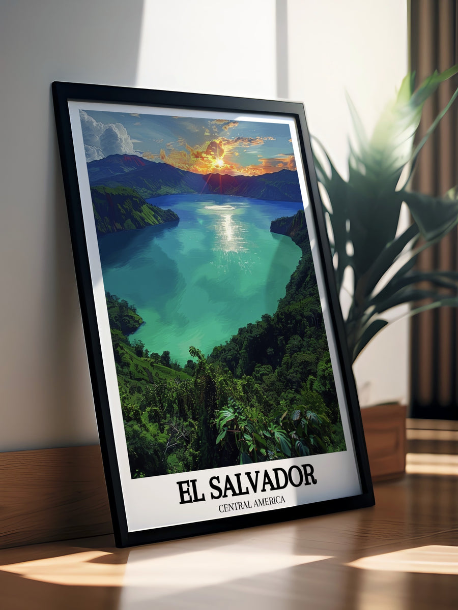 This travel poster of El Salvador captures the peaceful beauty of Lake Coatepeque, with its clear blue waters and picturesque mountains. The detailed artwork brings the charm of this Central American destination into your home, perfect for lovers of travel and nature.