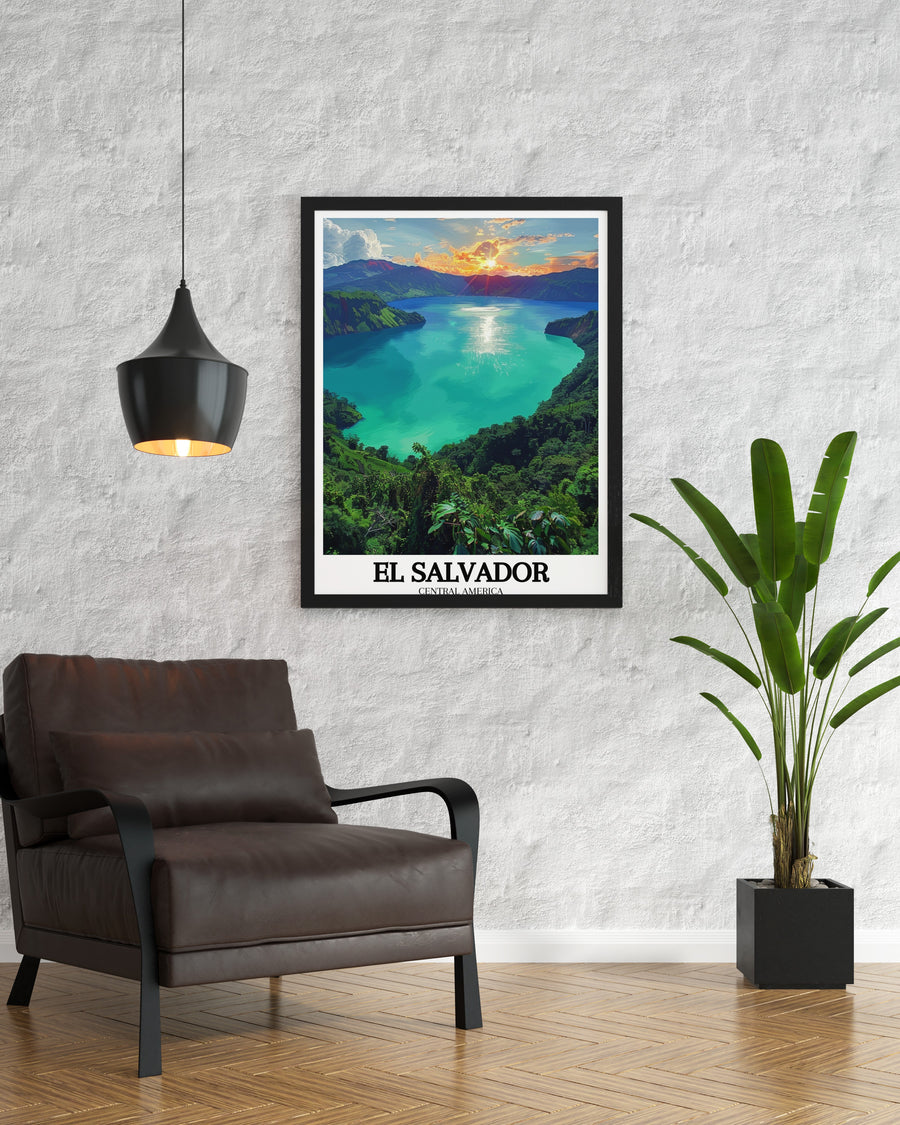 Featuring the breathtaking Lake Coatepeque, this travel print highlights the natural wonders of El Salvador. The vibrant blues and greens of the landscape make this artwork a perfect addition for anyone who loves Central Americas scenic beauty and adventure.