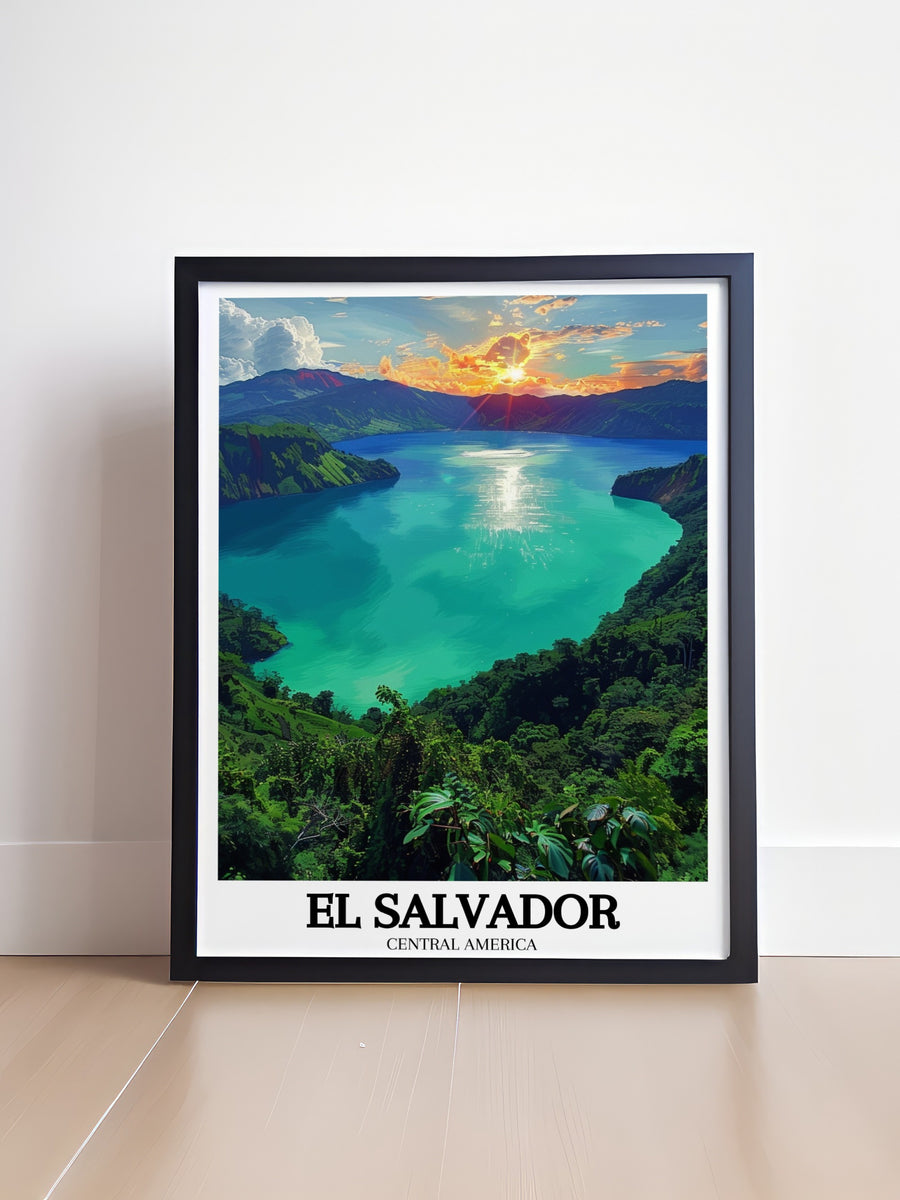 Featuring the iconic Lake Coatepeque, this travel poster offers a glimpse into the volcanic landscape of El Salvador. The rich colors and detailed design make it an ideal addition to any home or office for those who appreciate Central Americas natural beauty.