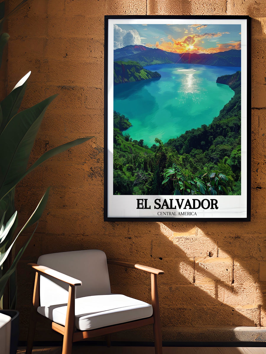This El Salvador poster print captures the stunning beauty of Lake Coatepeque, a volcanic crater lake nestled in the highlands of Central America. The vibrant colors of the water and surrounding landscape make this travel print a perfect addition to any home or office décor.