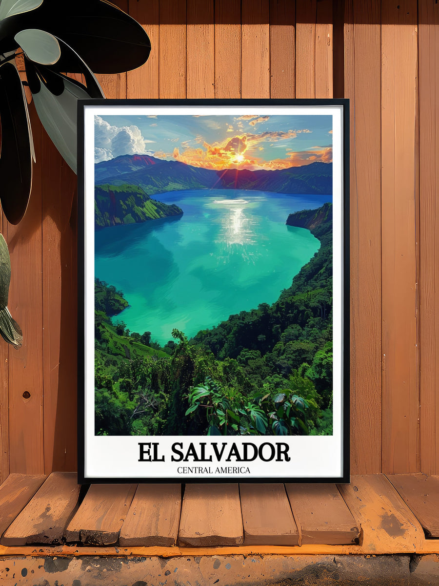 El Salvador travel poster print, black frame; turquoise lake landscape with “EL SALVADOR”.