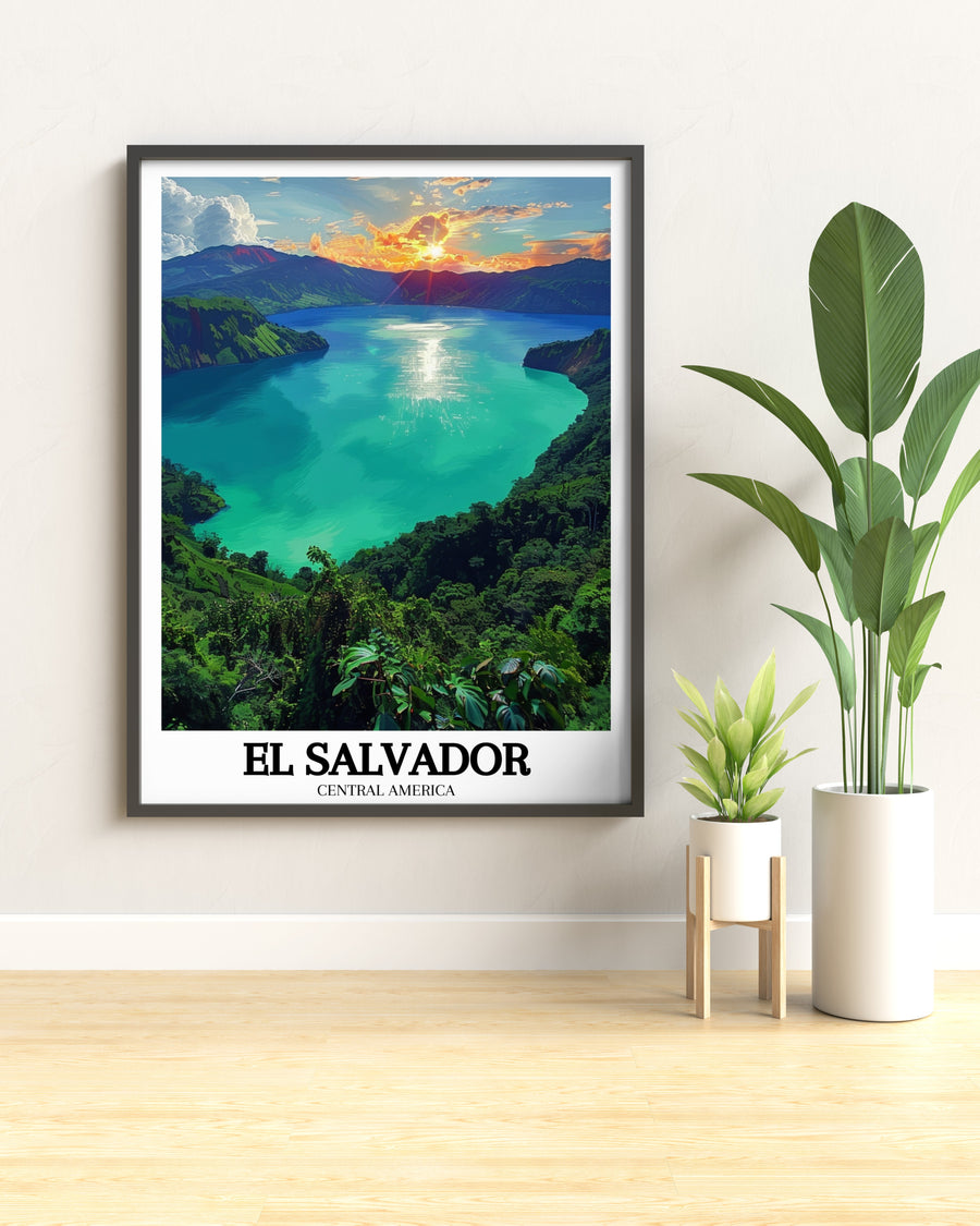 Celebrate the natural beauty of Lake Coatepeque with this El Salvador travel print, featuring the stunning volcanic crater lake surrounded by lush greenery. The detailed design and rich colors make it a perfect addition for those who appreciate Central Americas landscapes.