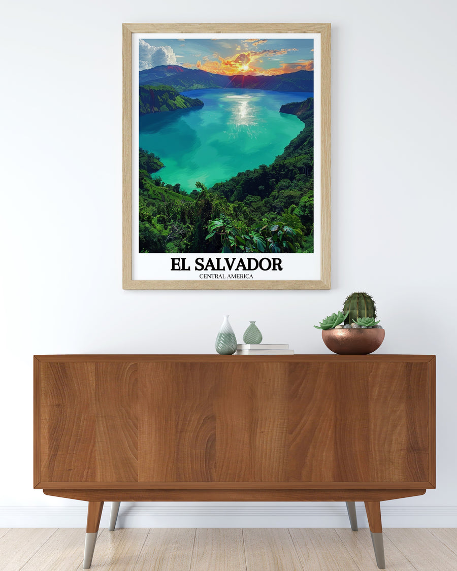El Salvador travel poster print, natural wood frame; turquoise lake landscape with “EL SALVADOR”.