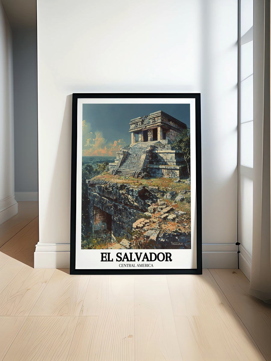 The beauty of Tazumals pyramids is captured in this El Salvador canvas art, which highlights the architectural elegance of the ancient Maya ruins. The travel print offers a stunning glimpse into El Salvadors cultural past, making it a beautiful addition to any home or office.