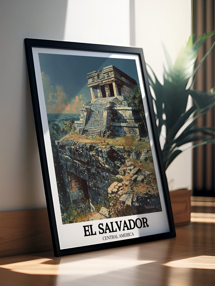 The majestic ruins of Tazumal come to life in this El Salvador travel print, which highlights the sites significance as a Maya archaeological wonder. The detailed artwork captures the architectural beauty of the pyramids, making it a perfect addition to any history lovers collection.