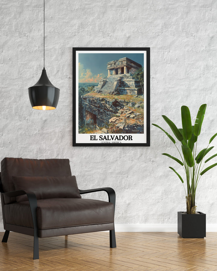 Featuring the stunning Tazumal pyramids, this travel poster captures the essence of El Salvadors ancient history. The detailed illustration of the ruins is perfect for anyone who loves learning about ancient civilizations and Central American culture.