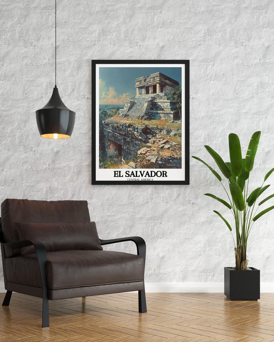 Featuring the stunning Tazumal pyramids, this travel poster captures the essence of El Salvadors ancient history. The detailed illustration of the ruins is perfect for anyone who loves learning about ancient civilizations and Central American culture.