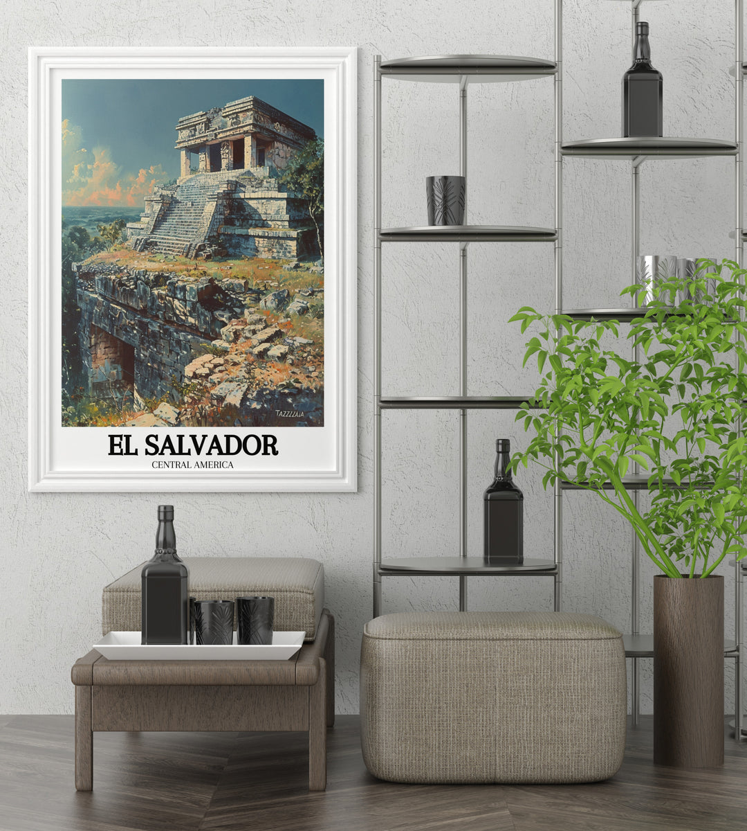 This El Salvador wall art highlights the intricate architecture of Tazumals pyramids, set against a backdrop of lush greenery. Perfect for history lovers, this artwork captures the essence of one of Central Americas most important archaeological sites.