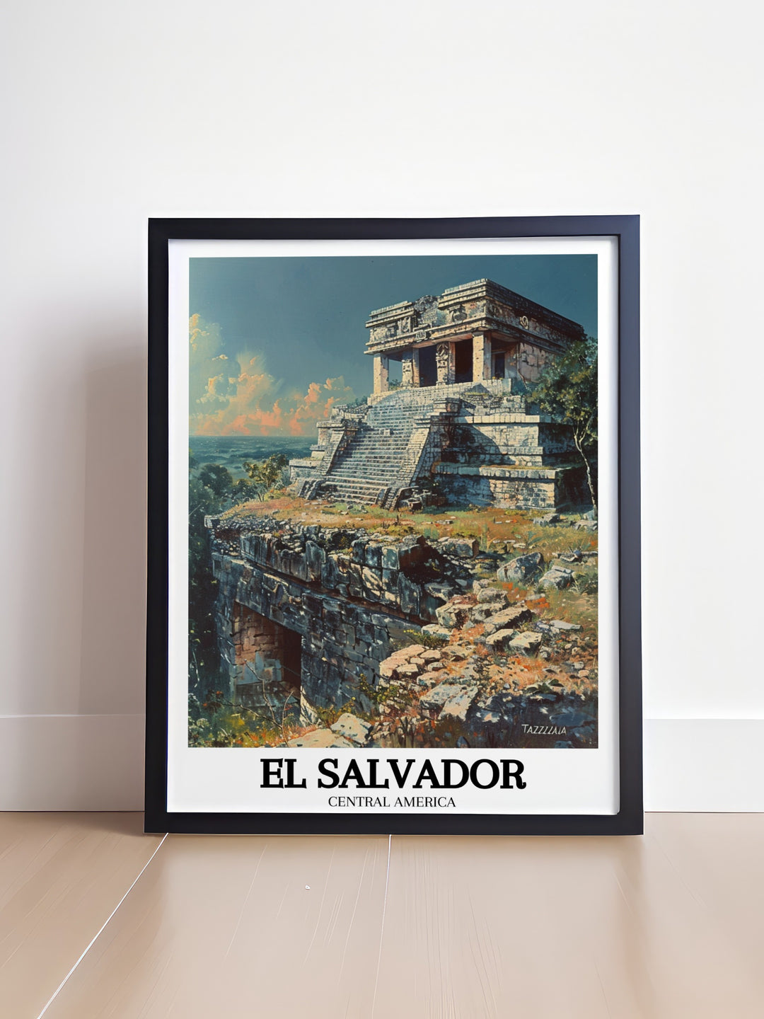 This Central America travel poster celebrates the beauty and history of Tazumal, one of El Salvadors most iconic archaeological sites. The artwork captures the essence of the ancient pyramids, offering a timeless piece that brings the regions rich heritage into your home.