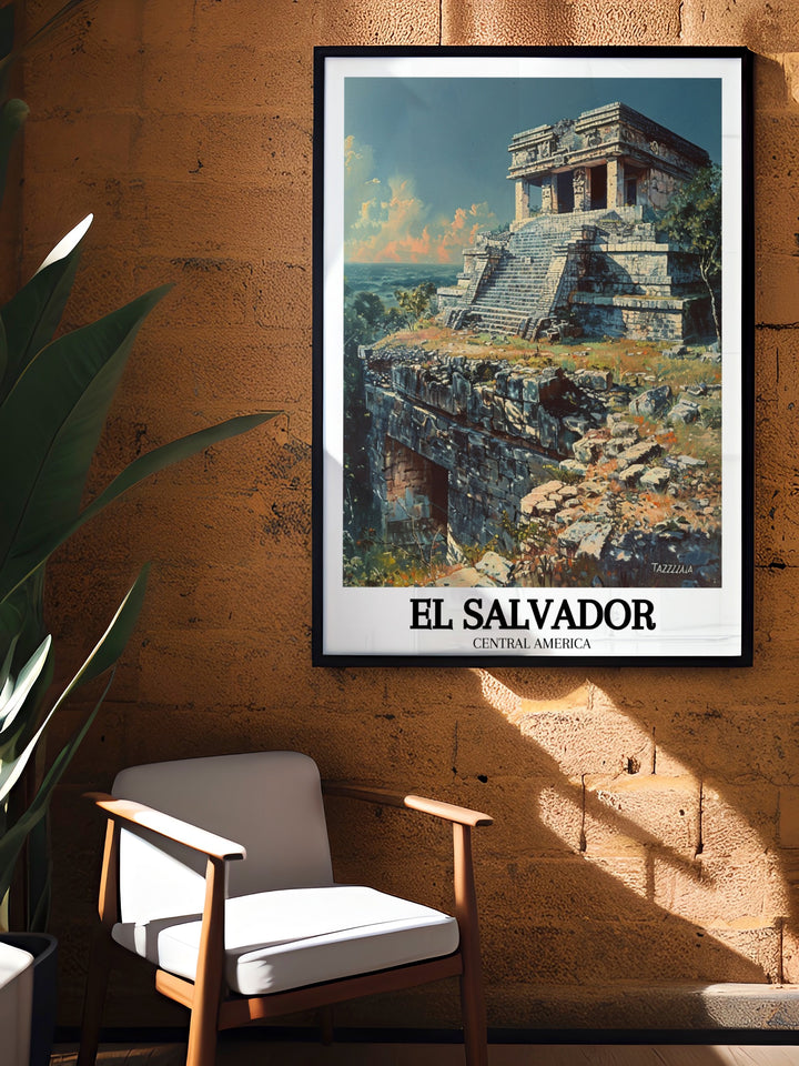 Featuring the iconic Tazumal ruins, this travel print showcases the beauty and history of one of El Salvadors most famous landmarks. The detailed illustration brings the majesty of the ancient Maya civilization to life, making this poster a must have for history enthusiasts.