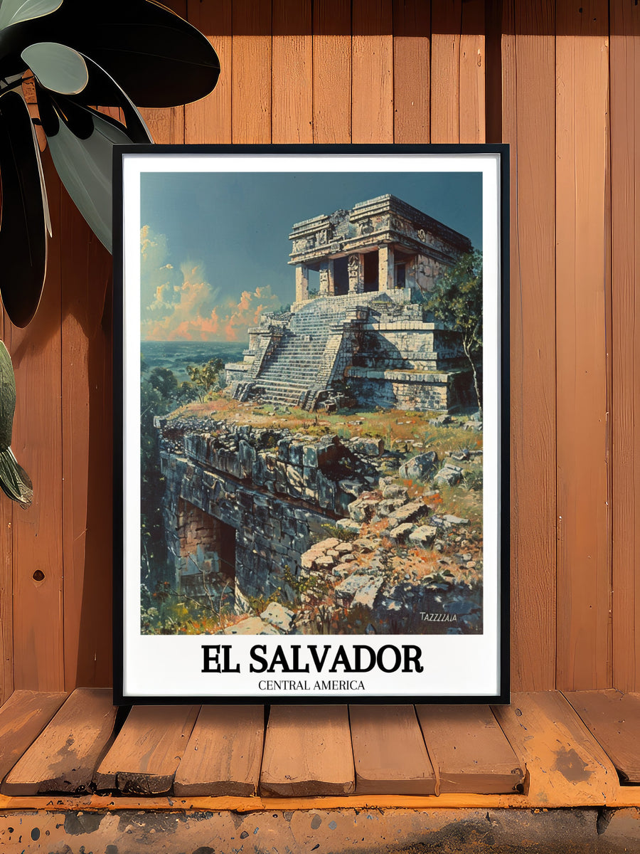Featuring the iconic Tazumal ruins, this travel print showcases the beauty and history of one of El Salvadors most famous landmarks. The detailed illustration brings the majesty of the ancient Maya civilization to life, making this poster a must have for history enthusiasts.