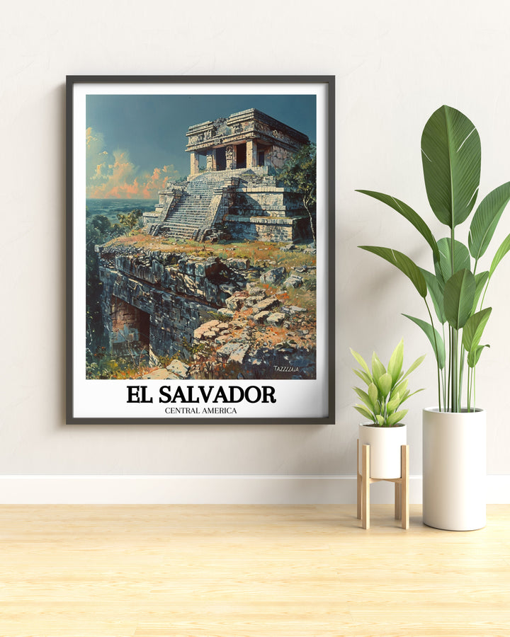 This El Salvador poster print captures the stunning beauty of Tazumal, an ancient Maya pyramid site located in Chalchuapa. The vibrant colors and detailed design make this travel print a perfect addition to any home décor, offering a glimpse into El Salvadors rich cultural history.