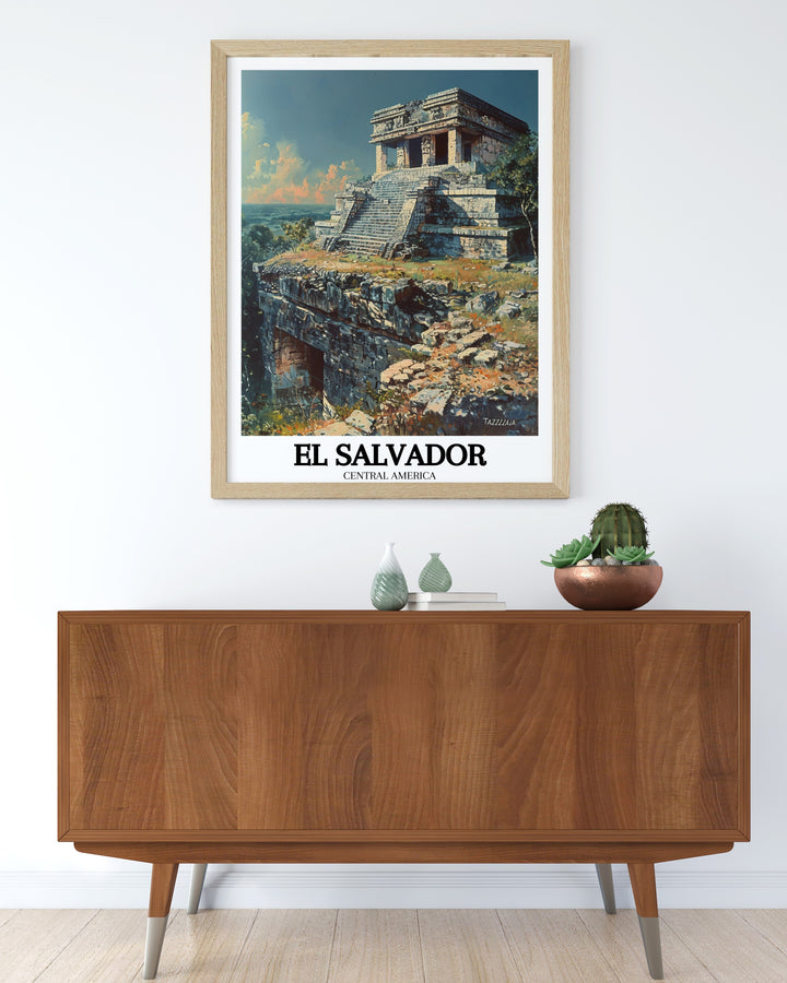 Featuring the iconic Tazumal ruins, this travel print showcases the beauty and history of one of El Salvadors most famous landmarks. The detailed illustration brings the majesty of the ancient Maya civilization to life, making this poster a must have for history enthusiasts.