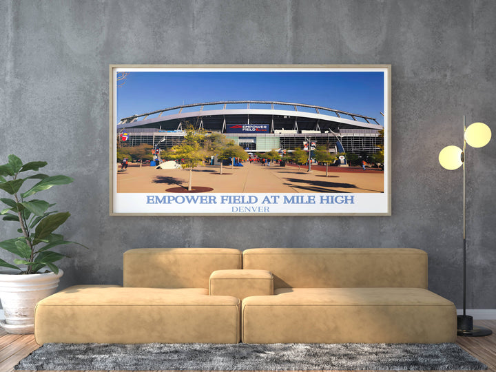 Empower Field framed room decor, showcasing the iconic Mile High Stadium, a must-have for any die-hard Broncos fan.