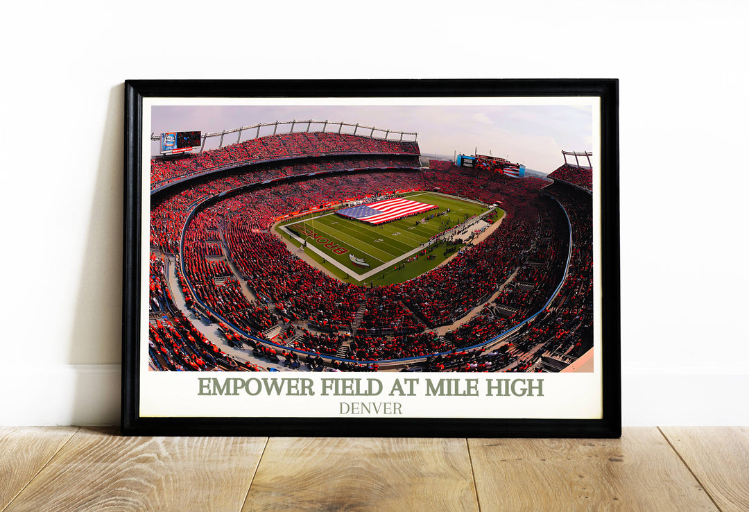 Elevate your office or bedroom wall art with a Denver Broncos Poster, celebrating your favorite NFL team in style. This Mile High Stadium Poster is available as a digital travel art print or ready-to-hang framed decor.