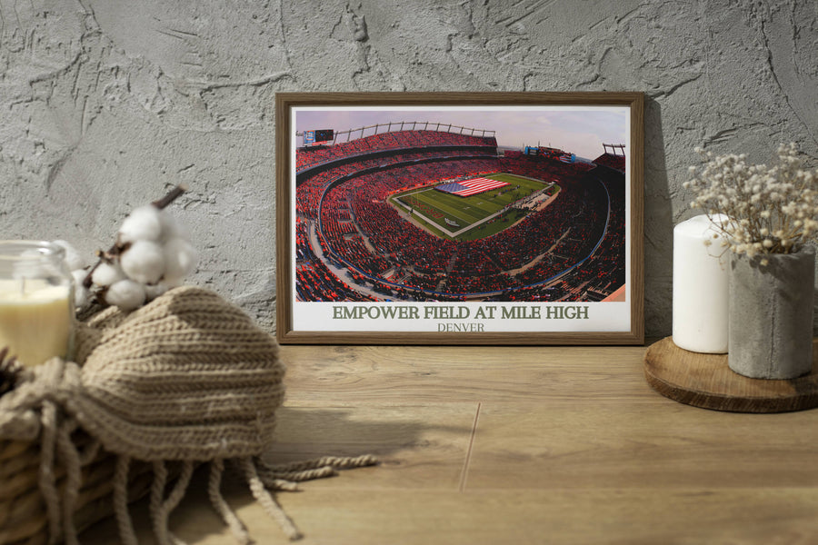 Wood-framed stadium wall print with red seats, green field, and &